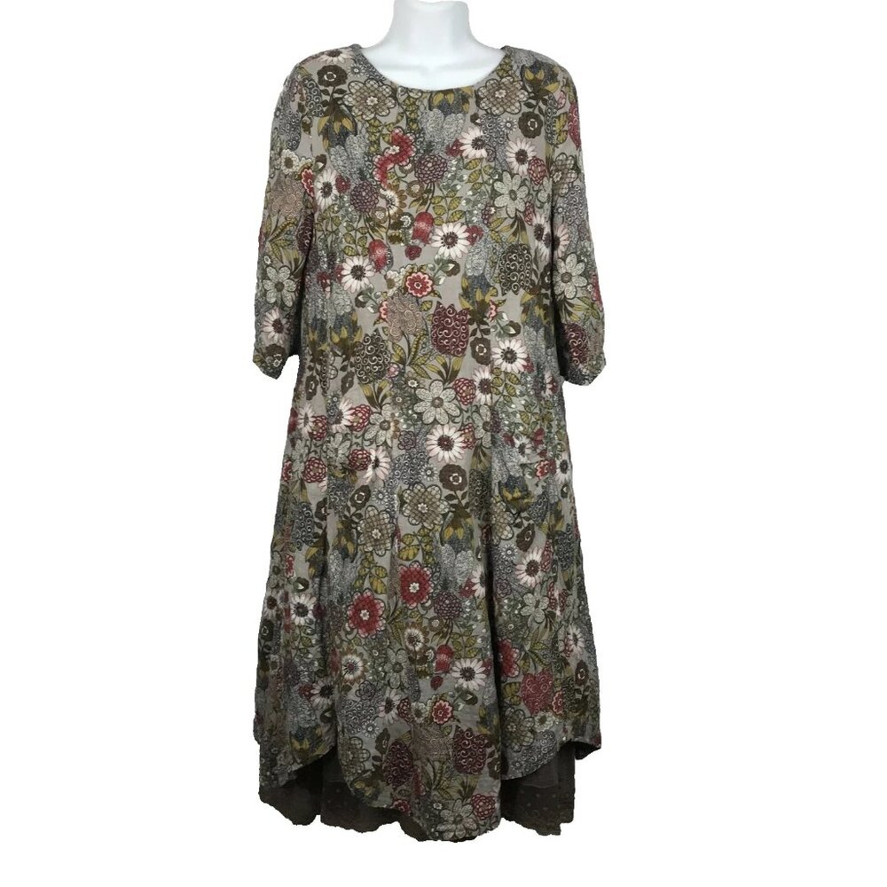 Marty Midi Dress Gray Brown Floral Cottagecore Prairie Modest Layered